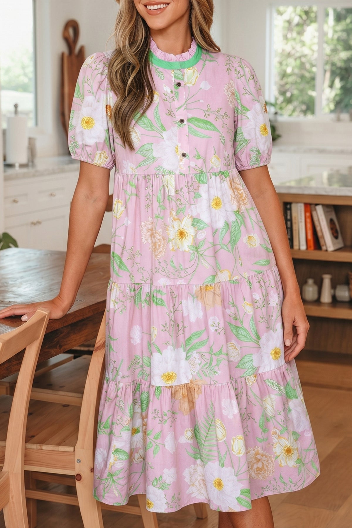 KaleaBoutique Comfortable Floral Print Short Puff Sleeve High Waist Tiered Maxi Dress - KaleaBoutique.com