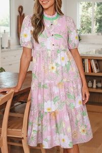 KaleaBoutique Comfortable Floral Print Short Puff Sleeve High Waist Tiered Maxi Dress - KaleaBoutique.com