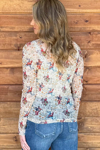 KaleaBoutique Stylish Western Cowboy Floral Print Sheer Mesh Long Sleeve Top - KaleaBoutique.com