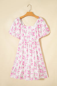KaleaBoutique Stylish Floral Print Square Neck Ribbon Knot Back Cute Mini Dress - KaleaBoutique.com
