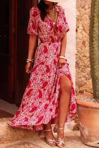 KaleaBoutique Stylish Paisley Print Side Slit Puff Sleeve High Waist Maxi Dress - KaleaBoutique.com