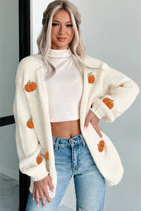 KaleaBoutique Comfortable Pumpkin Print Open Front Drop Shoulder Midi Cardigan - KaleaBoutique.com