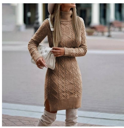 Fashion Turtleneck Knitted Dress With Slit Design Winter Warm Solid Color Pullover Long Sweater Women's Clothing - KaleaBoutique.com