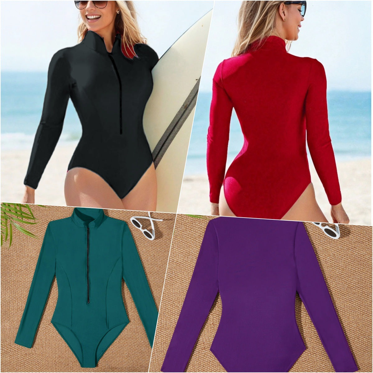 Women High-Neck Long-Sleeve Zip-Front One-Piece Swimsuit - KaleaBoutique.com