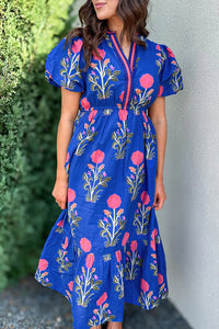 Floral Puff Short Sleeve V Neck High Waist Maxi Dress - KaleaBoutique.com