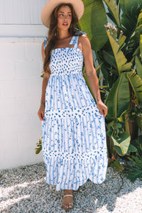 Floral Smocked Tied Straps A-Lined Tiered Maxi Dress - KaleaBoutique.com