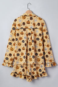 KaleaBoutique Stylish Long Sleeve Ruffle Pumpkin Face Print Two Piece Lounge Set - KaleaBoutique.com