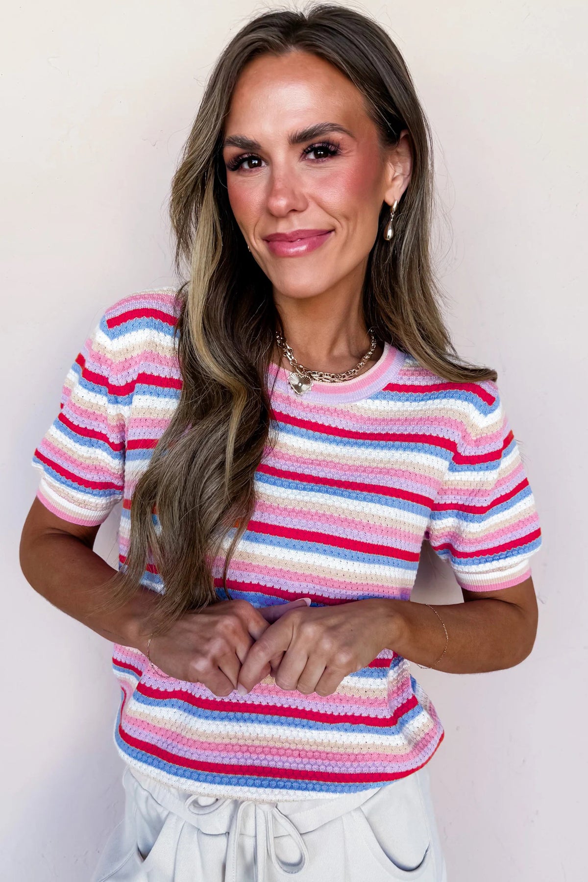 KaleaBoutique Stylish Textured Stripes Knit Short Sleeve Sweater - KaleaBoutique.com