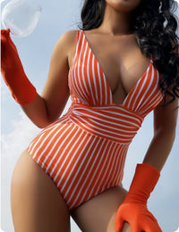 Women's Plunge V-Neck Striped One-Piece Swimsuit - KaleaBoutique.com