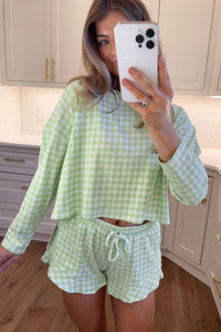 KaleaBoutique Stylish Gingham Long Sleeve Loose Top Drawstring Shorts 2pcs Lounge Set - KaleaBoutique.com