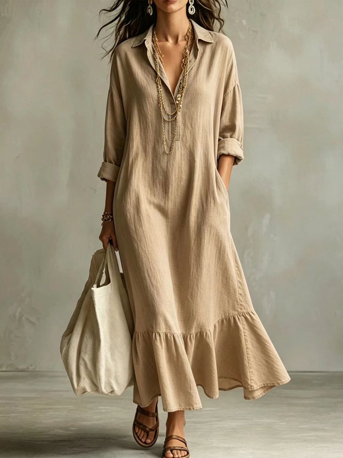 Women's Collared Long-Sleeve Ruffle-Hem Maxi Shirt Dress - KaleaBoutique.com