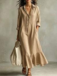 Women's Collared Long-Sleeve Ruffle-Hem Maxi Shirt Dress - KaleaBoutique.com