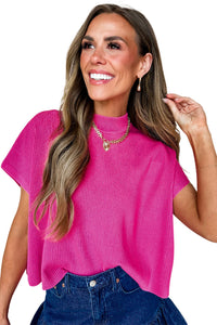 KaleaBoutique Comfortable Solid Color Ribbed Knit Mock Neck Loose Short Sleeve Sweater - KaleaBoutique.com
