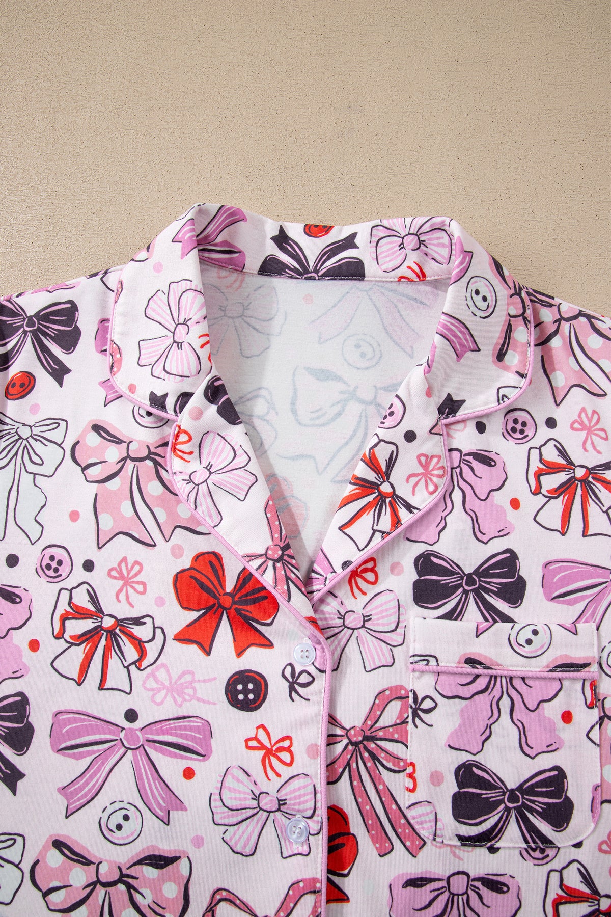 KaleaBoutique Stylish Cute Ribbon Bows Printed 2pcs Short Pajama Set - KaleaBoutique.com