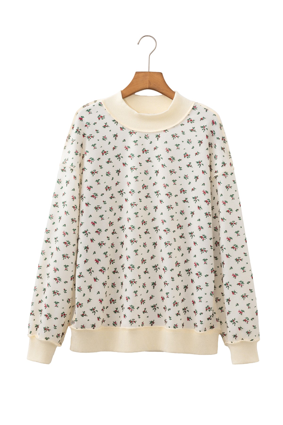 KaleaBoutique Stylish Ribbed High Neck Patchwork Floral Print Baggy Pullover Sweatshirt - KaleaBoutique.com