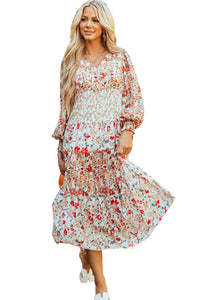 KaleaBoutique Stylish Floral Print Ruffled Tiered Long Sleeve V Neck Midi Dress - KaleaBoutique.com