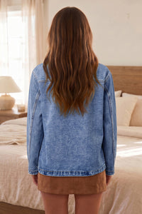Patchwork Leather Collar Long Sleeve Denim Jacket - KaleaBoutique.com