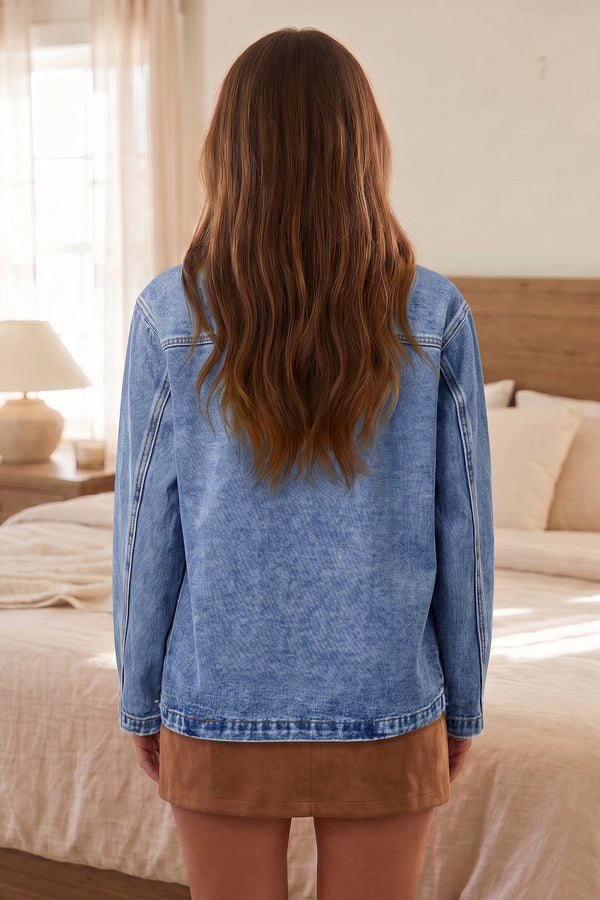 Patchwork Leather Collar Long Sleeve Denim Jacket - KaleaBoutique.com
