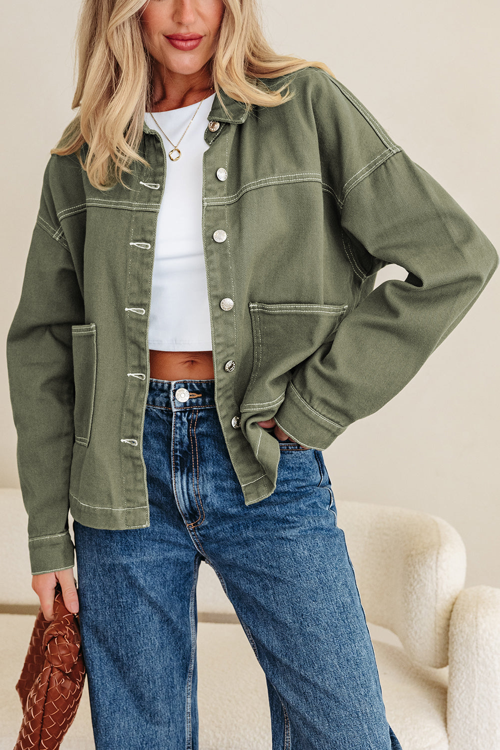 Patched Pocket Collared Button Front Boyfriend Denim Jacket - KaleaBoutique.com