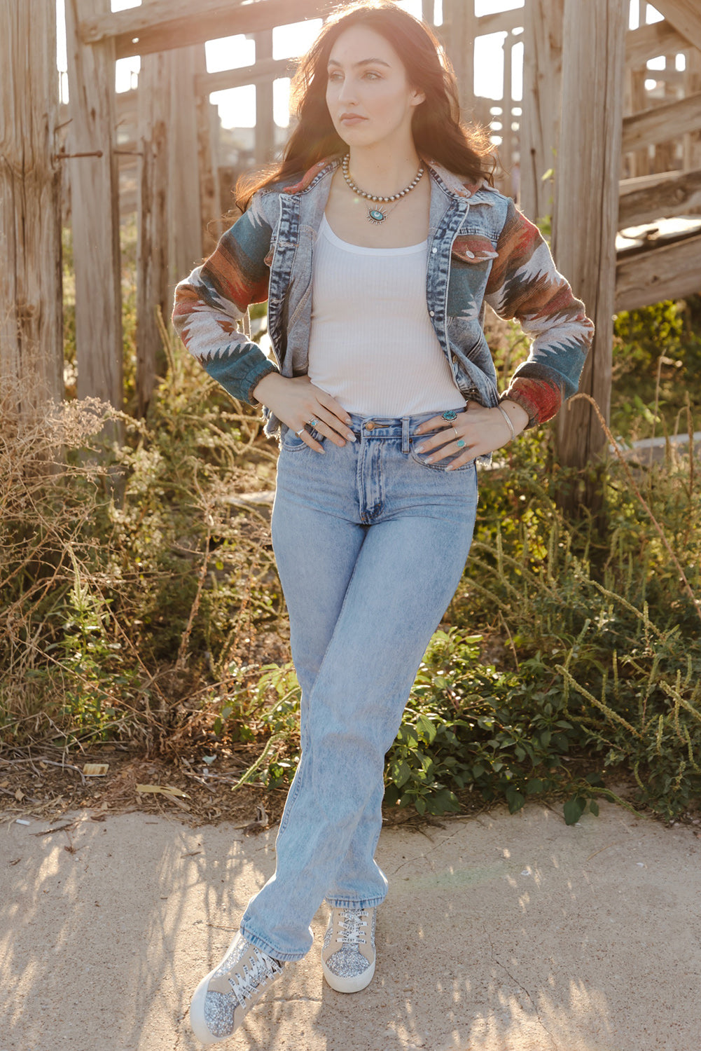 KaleaBoutique Stylish Aztec Print Frayed Hem Denim Jacket - KaleaBoutique.com