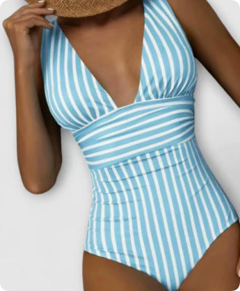 Women's Plunge V-Neck Striped One-Piece Swimsuit - KaleaBoutique.com