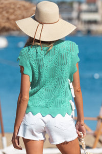KaleaBoutique Stylish Pointelle Knit Patterned Scalloped Trim Short Sleeve Sweater - KaleaBoutique.com