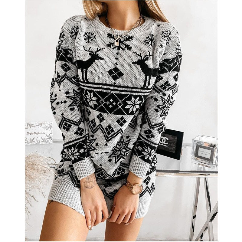 Women's Reindeer and Snowflake Christmas Sweater Dress - KaleaBoutique.com