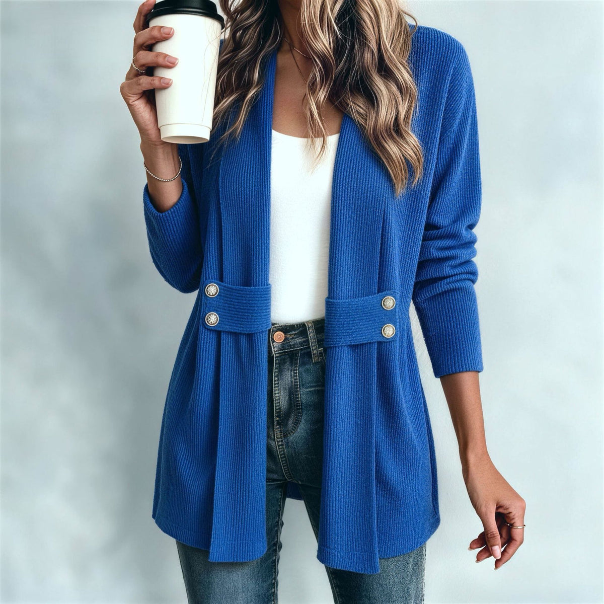 Women's Open-Front Ribbed Cardigan with Button Tabs - KaleaBoutique.com