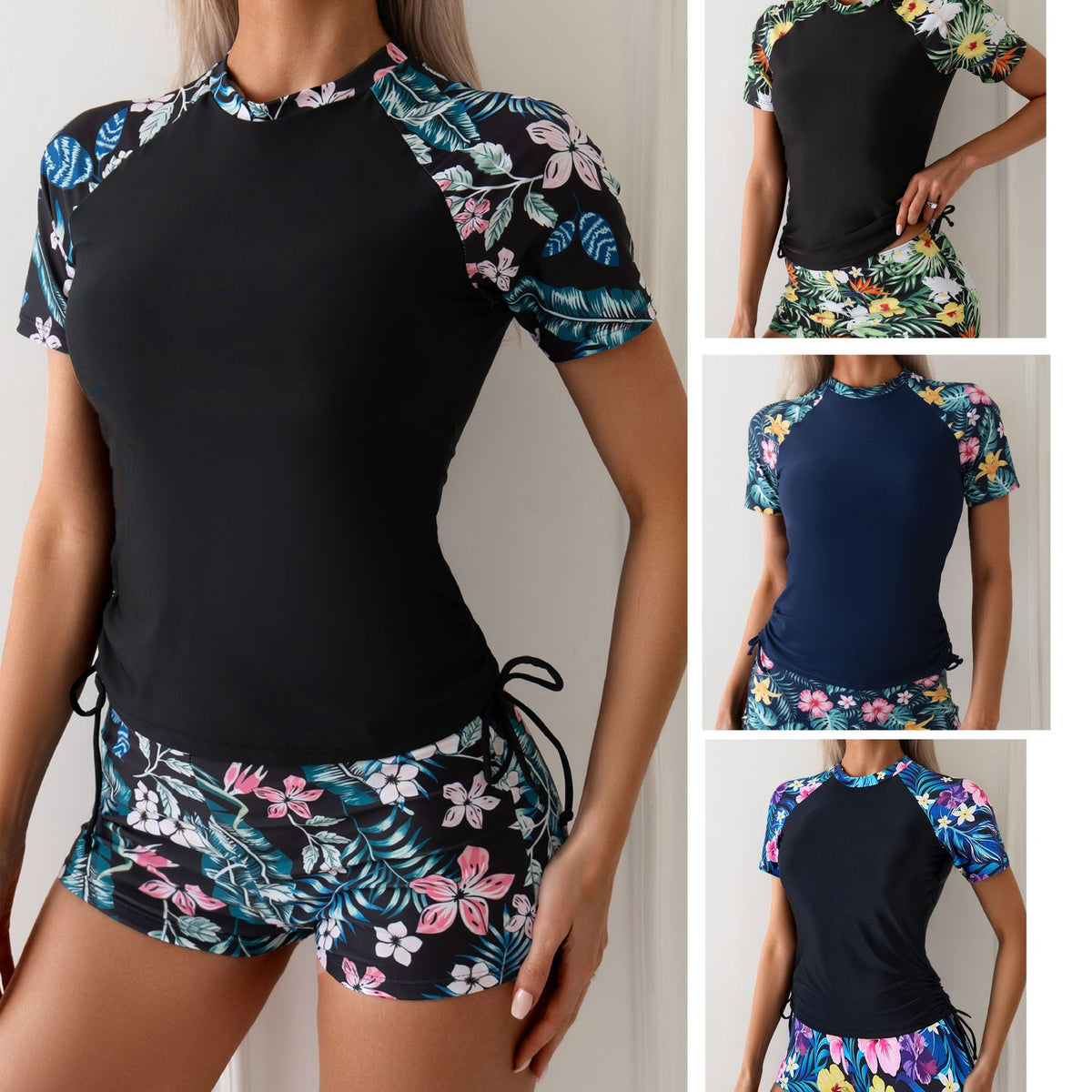 Women's Tropical Floral Short-Sleeve Swim Top and Shorts 2 PC Tankini Set - KaleaBoutique.com