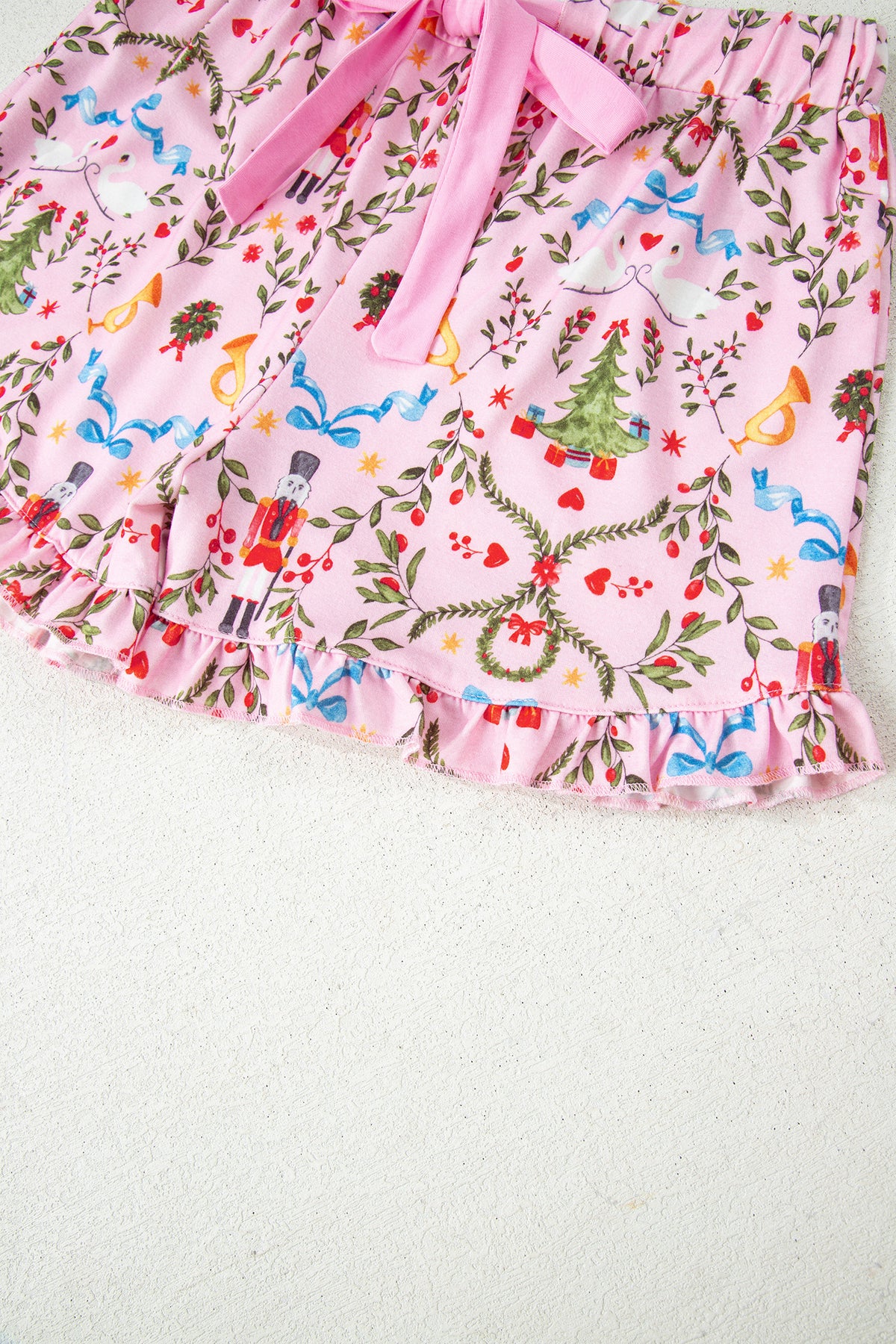 KaleaBoutique Comfortable Nutcracker Doll Christmas Print Ribbon Tie Waist Short 2pcs Pajama Set - KaleaBoutique.com