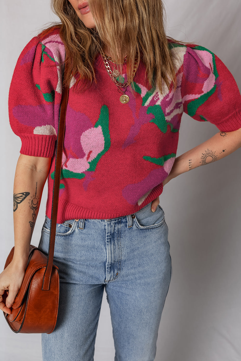 KaleaBoutique Comfortable Floral Abstract Print Short Puff Sleeve Sweater - KaleaBoutique.com