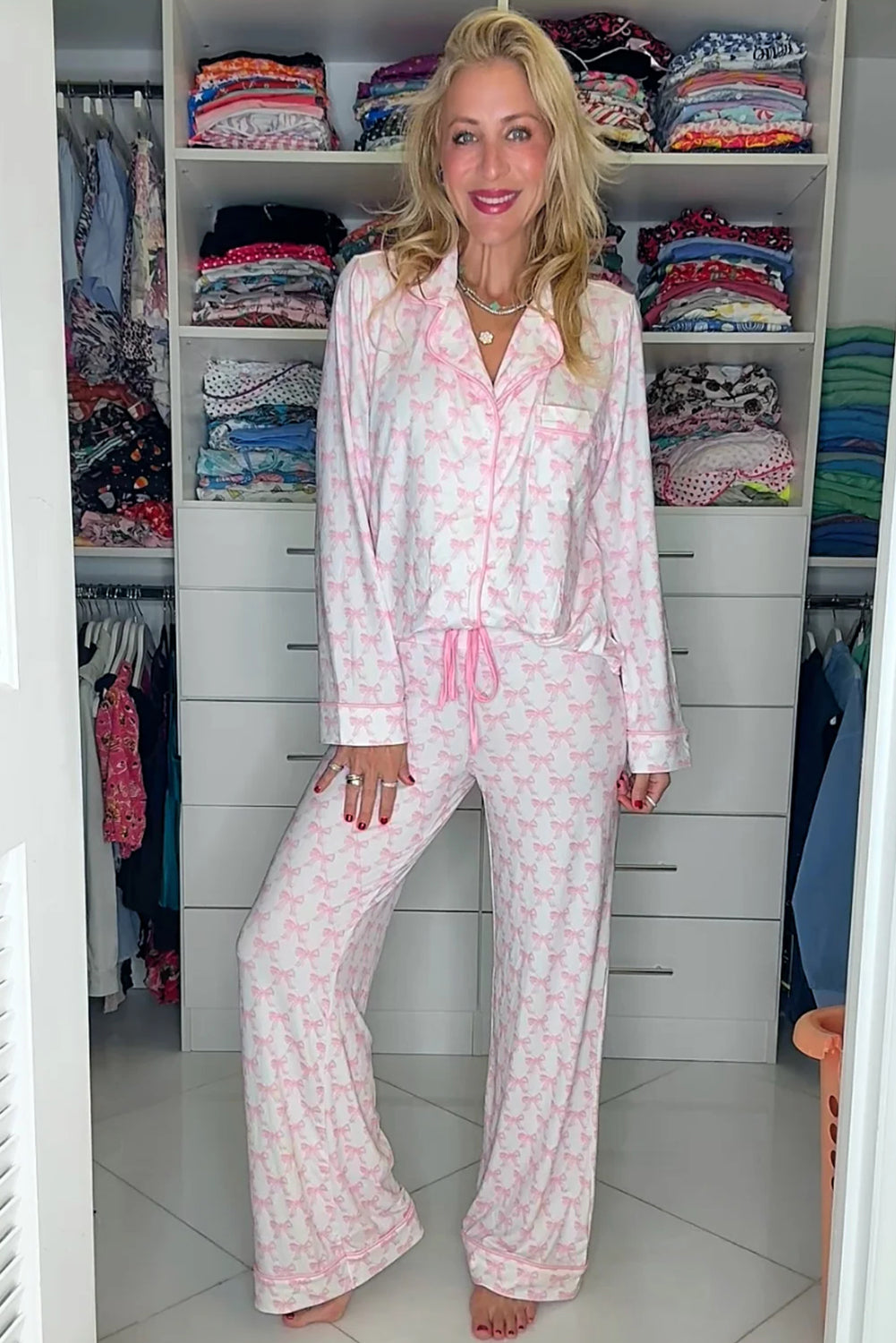 KaleaBoutique Stylish Bow Print Long Sleeve Shirt and Pants Soft Pajama Set - KaleaBoutique.com