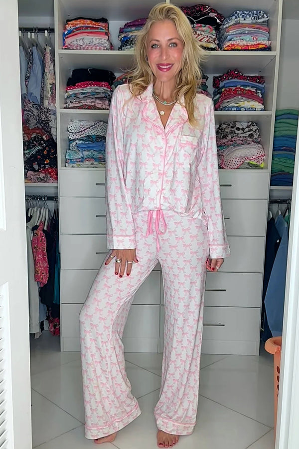 KaleaBoutique Stylish Bow Print Long Sleeve Shirt and Pants Soft Pajama Set - KaleaBoutique.com