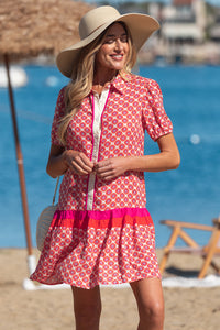 KaleaBoutique Stylish Geometric Floral Print Color Block Trim Button Front Ruffle Hem Dress - KaleaBoutique.com