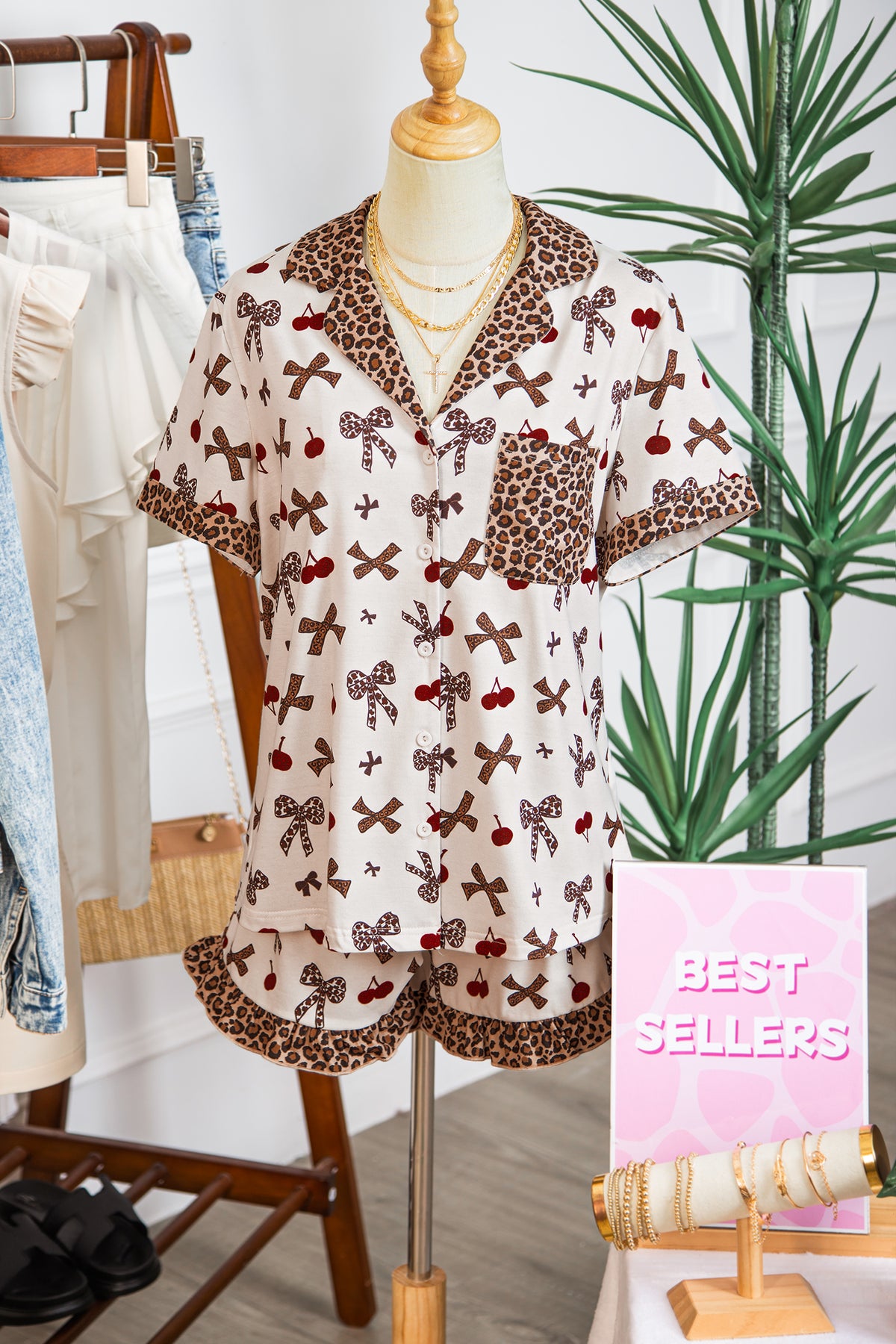 KaleaBoutique Stylish Chic Bow Cherry Printed Leopard Contrast Patchwork Shirt Drawstring Shorts 2pcs PJ Set - KaleaBoutique.com