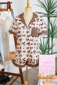 KaleaBoutique Stylish Chic Bow Cherry Printed Leopard Contrast Patchwork Shirt Drawstring Shorts 2pcs PJ Set - KaleaBoutique.com