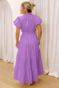KaleaBoutique Stylish Solid Color V Neck Short Puff Sleeve High Waist Tiered Maxi Dress - KaleaBoutique.com