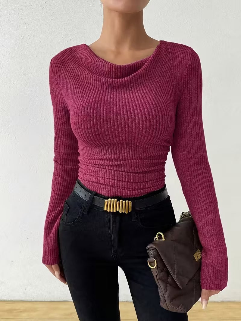 Women's Ribbed Cowl-Neck Long-Sleeve Pullover Sweater - KaleaBoutique.com