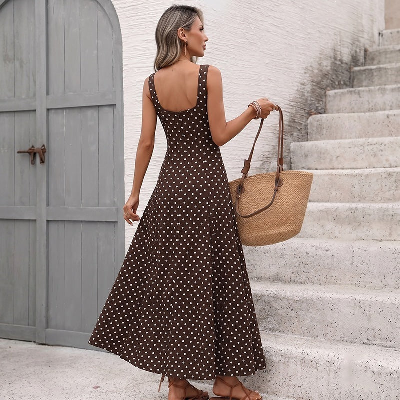 Women's Coffee Brown Polka-Dot Sleeveless Maxi Slip Dress - KaleaBoutique.com