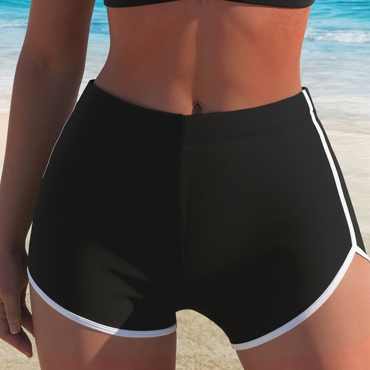 Women's Black Swim Shorts with White Contrast Trim - KaleaBoutique.com