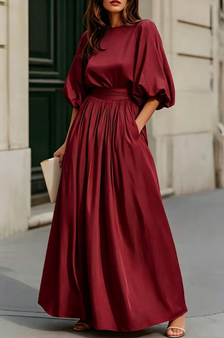 Women's Round-Neck Lantern-Sleeve Maxi Dress with Pockets - KaleaBoutique.com