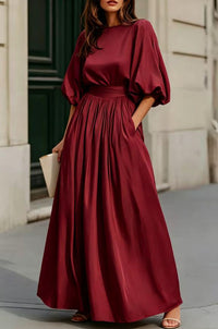 Women's Round-Neck Lantern-Sleeve Maxi Dress with Pockets - KaleaBoutique.com