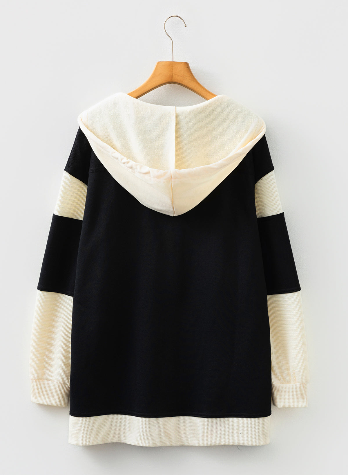 Waffle Contrast Knit Color Block Patchwork Button Front Oversize Hoodie - KaleaBoutique.com