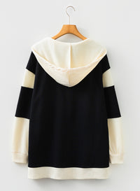 Waffle Contrast Knit Color Block Patchwork Button Front Oversize Hoodie - KaleaBoutique.com