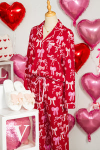 KaleaBoutique Comfortable Sweet Bow Print Shirt Style Top Long 2pcs Pajama Set - KaleaBoutique.com