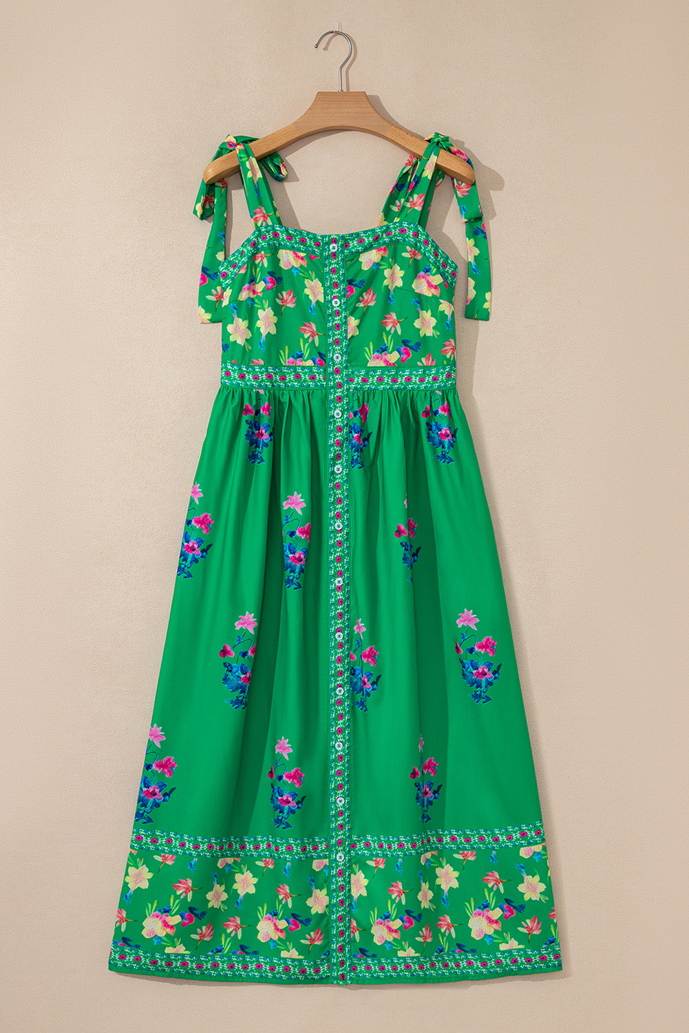KaleaBoutique Beautiful Floral Print Contrast Trim Knotted Straps Midi Dress - KaleaBoutique.com
