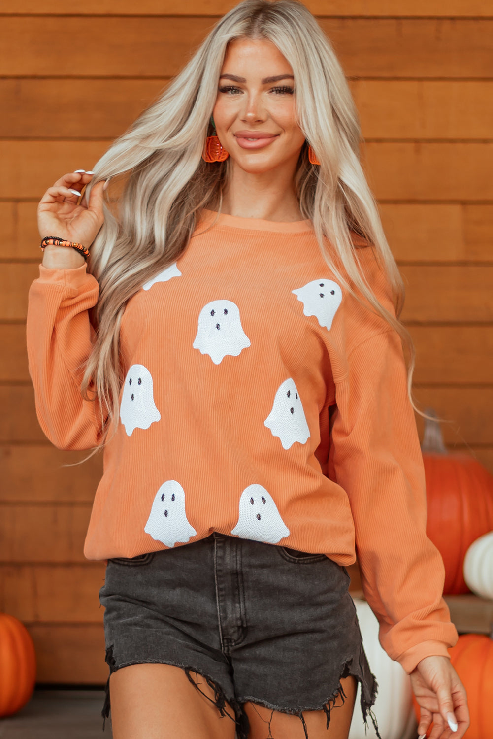 Orange Sequin Ghost Twisted Rib Halloween Sweatshirt - KaleaBoutique.com