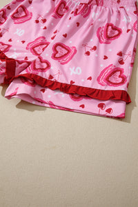 KaleaBoutique Stylish Sweet Heart Cake Print Contrast Ruffle Trim Valentines 2pcs Pajama Set - KaleaBoutique.com