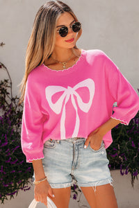 KaleaBoutique Stylish Big Ribbon Bow Print Contrast Stitch Trim Drop Shoulder Sweater - KaleaBoutique.com
