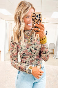 KaleaBoutique Beautiful Floral Print Mock Neck Mesh Long Sleeve Top - KaleaBoutique.com